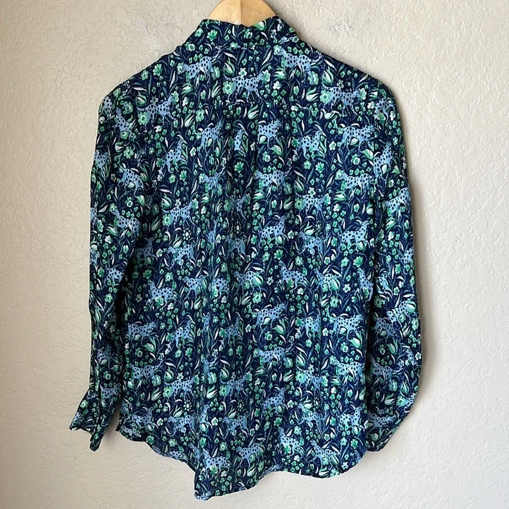 J. Crew blue and green floral leopard button down blouse